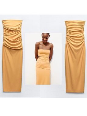 Zara orange strapless Cut-Out bodycon bandeau tube midi dress Limited Edition